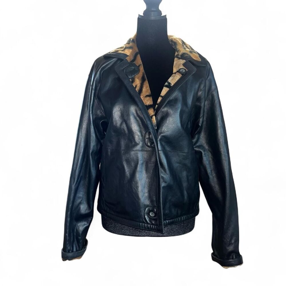 Cache Women's Black and Tiger Print Genuine Leather Jacket SZ XS